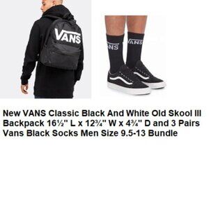 Vans Black White Backpack & 3 Pairs Vans Black Socks Men Size 9.5-13 Bundle NWT